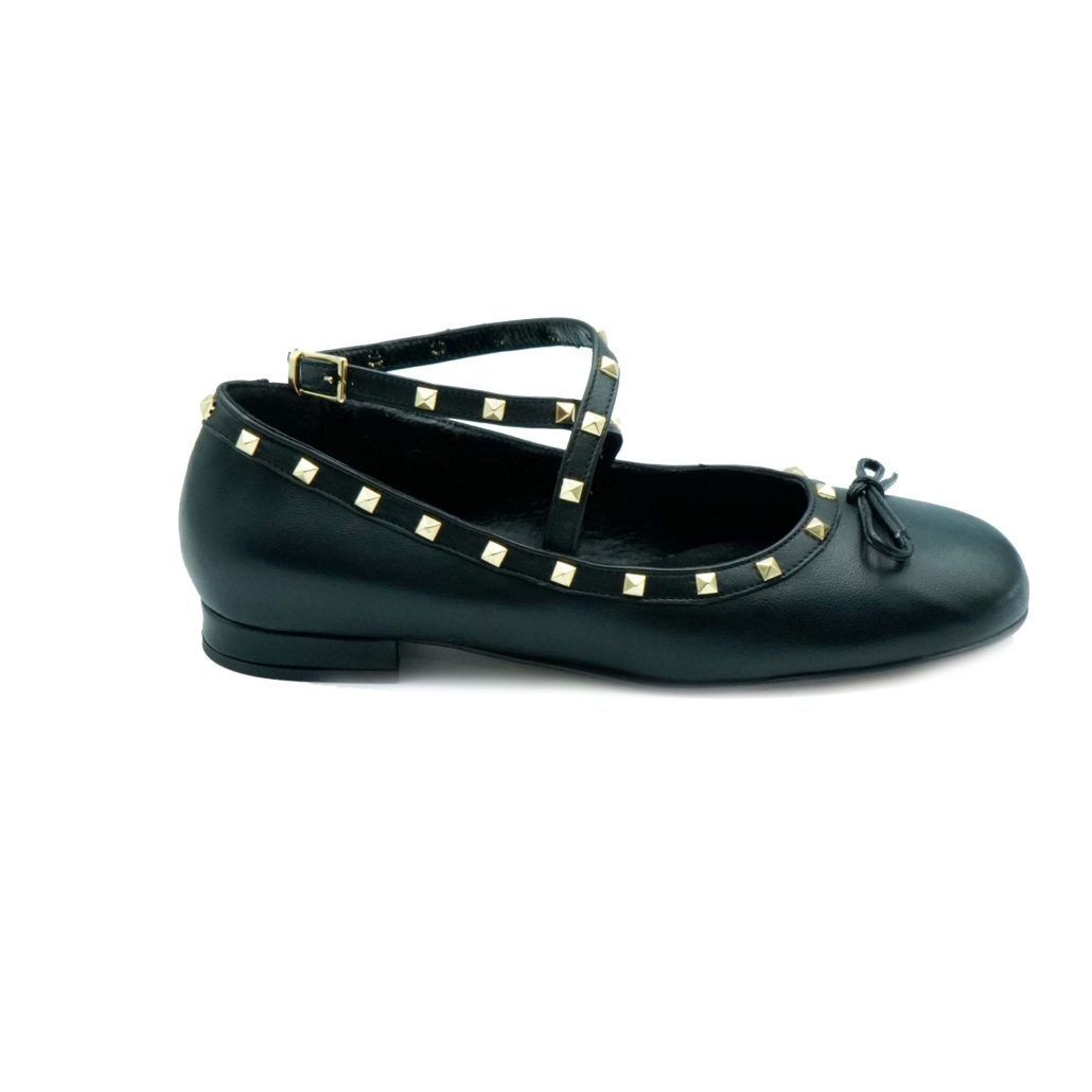 Lea Gu ballerina in nappa, allacciatura frontale alla caviglia con borchie, tacco 10 mm Nuova