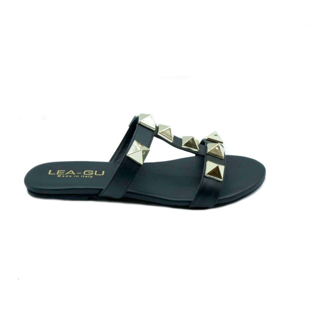 Lea Gu ciabattina in nappa, fascia frontale con borchie a piramide oro, tacco 0,5 mm Qualità Garantita
