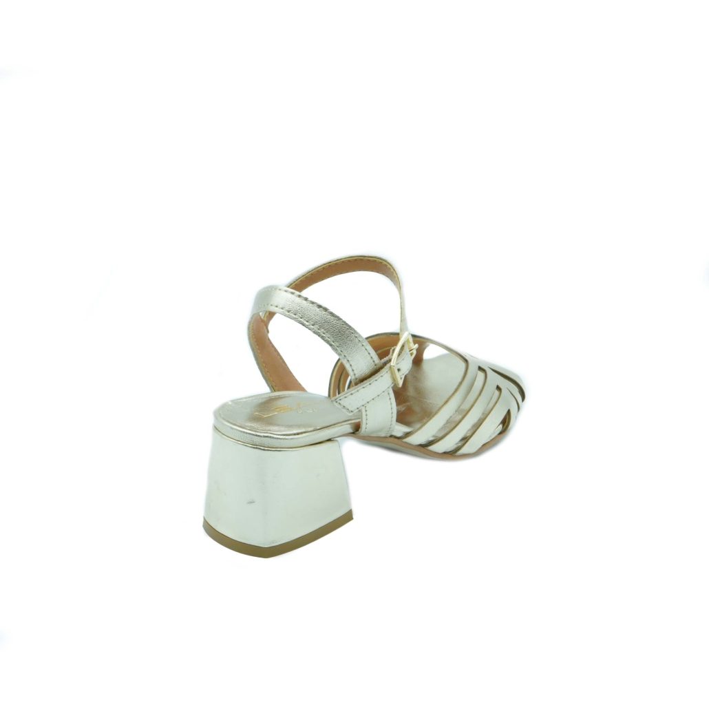 Lea Gu sandalo in nappa laminata, lavorazione a fascie frontali, tacco ricoperto 50 mm Vendita Calda