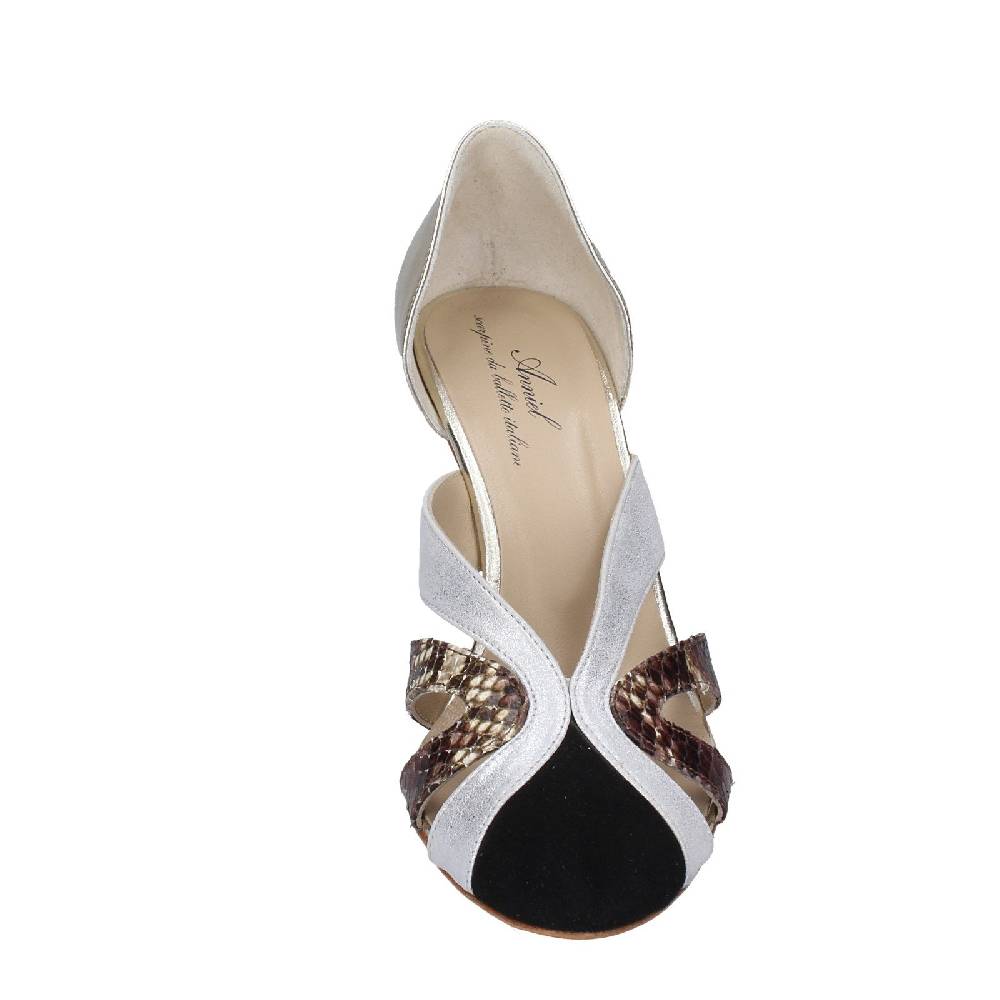 scarpe donna ANNIEL decollete platino pelle nero camoscio EX237 Offerte