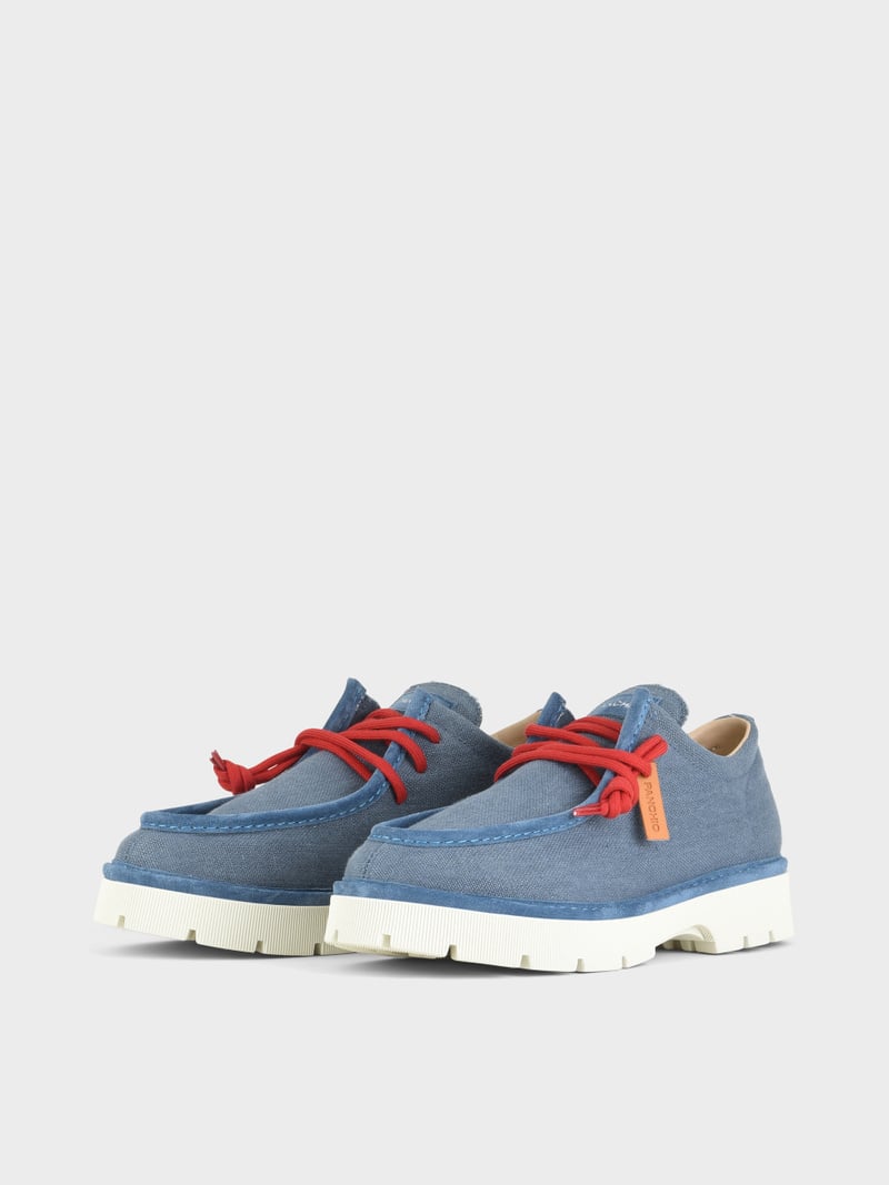 Panchic SCARPA ALLACCIATA P99 UOMO IN LINO E SUEDE BLU DENIM-ROSSO In Vendita