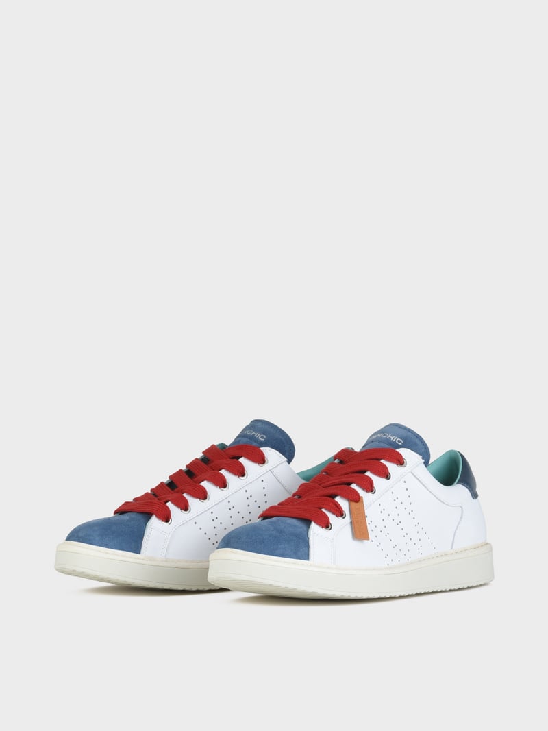 Panchic SCARPA ALLACCIATA P01 UOMO IN PELLE E SUEDE BIANCO-BLUE-ROSSO Prezzo Ridotto