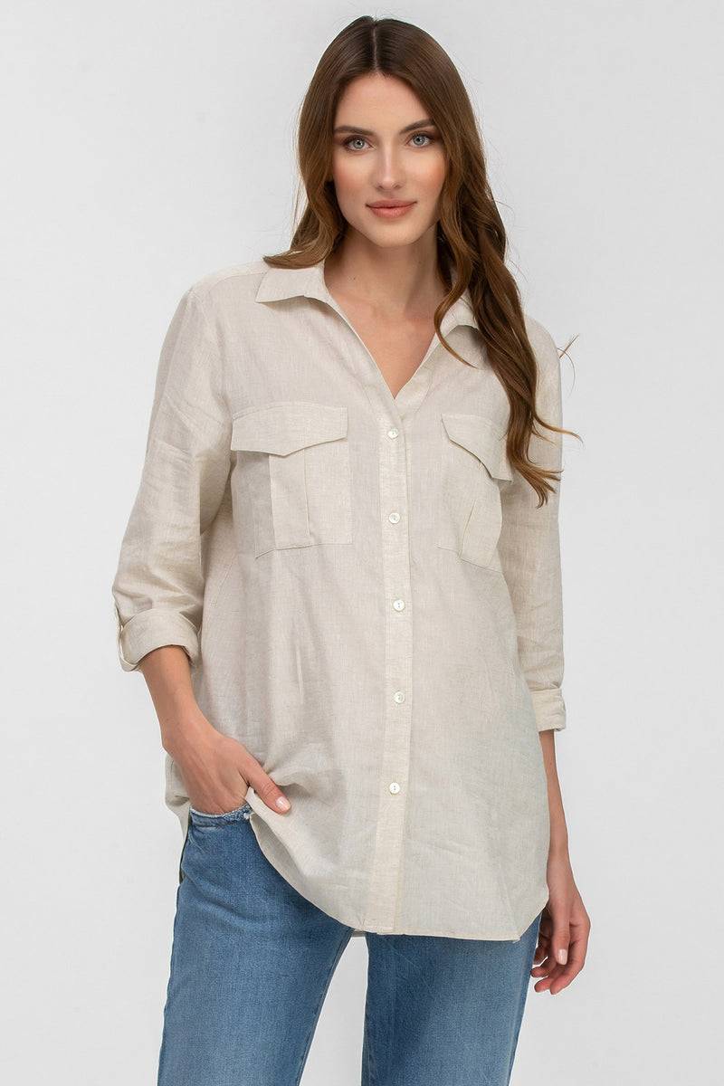 Pietro Brunelli SAFARI POCKET | Camicia Utility Premaman in Lino Beige Soddisfazione Garantita