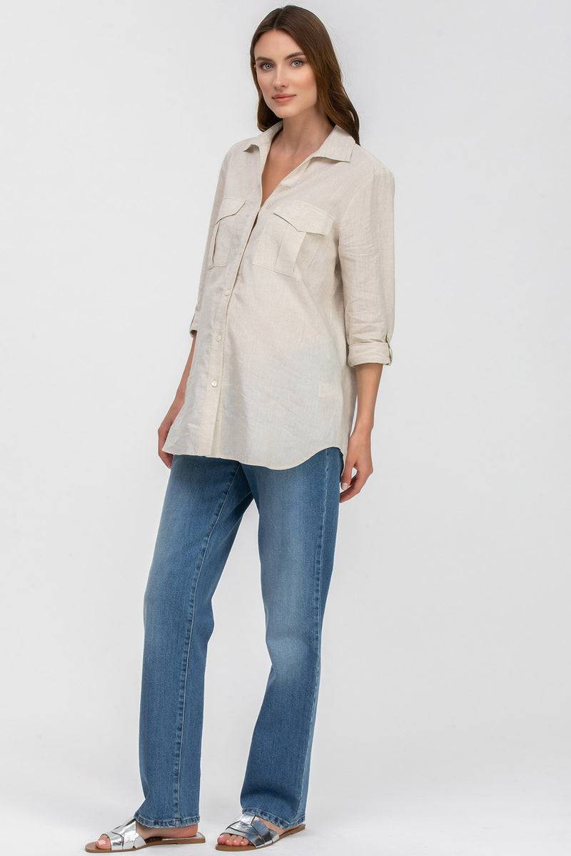 Pietro Brunelli SAFARI POCKET | Camicia Utility Premaman in Lino Beige Soddisfazione Garantita