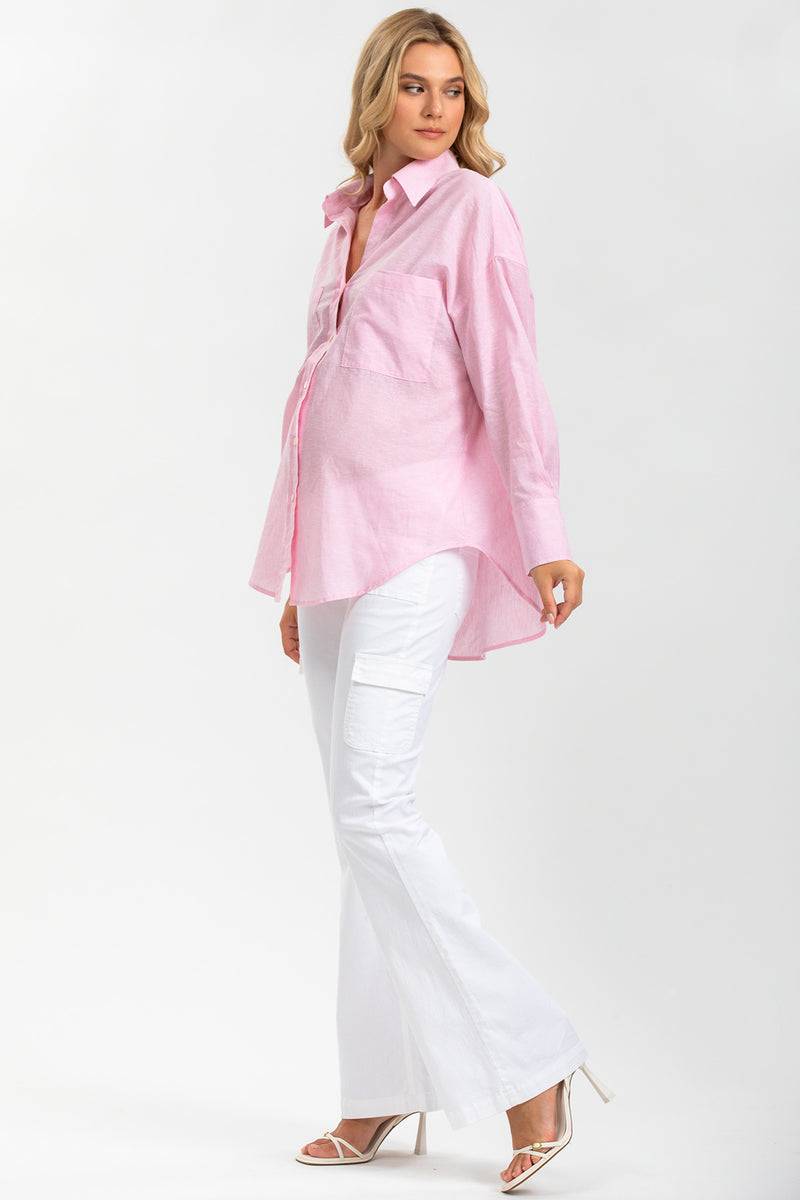 Pietro Brunelli SOPHIA POCKET | Camicia Premaman Oversize con Tasche Frontali in Lino Rosa Shopping Online