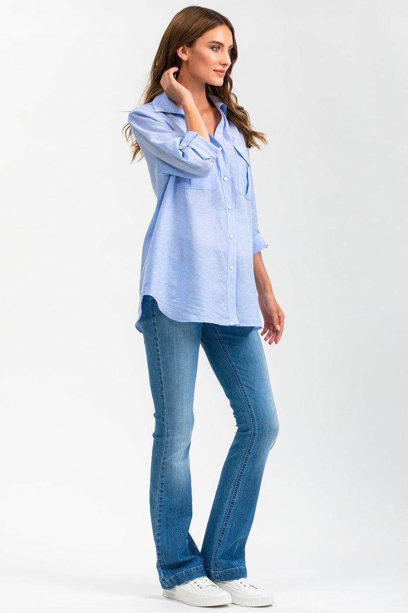 Pietro Brunelli SAFARI POCKET | Camicia Utility Premaman in Lino Blu Pezzi Unici