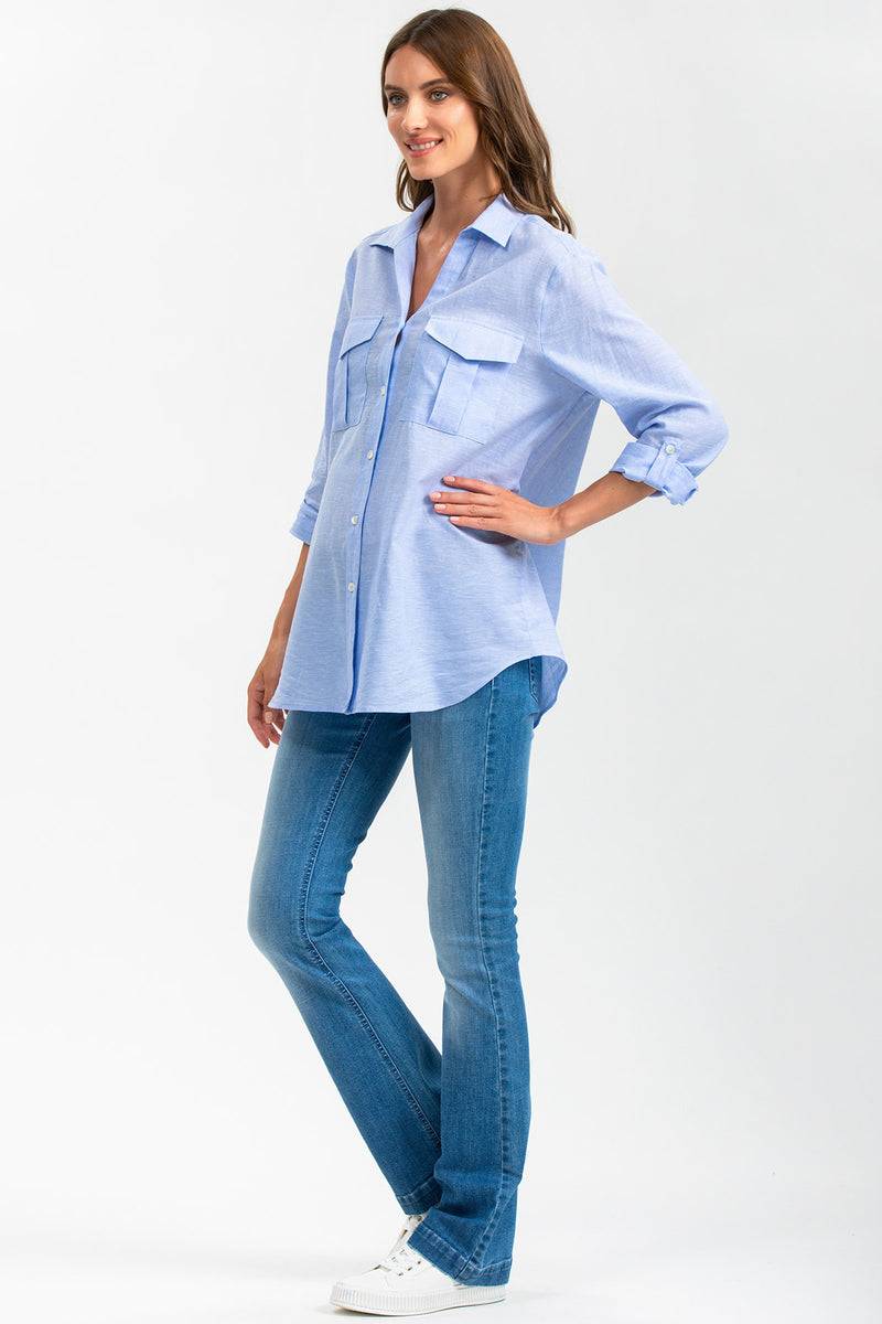 Pietro Brunelli SAFARI POCKET | Camicia Utility Premaman in Lino Blu Pezzi Unici