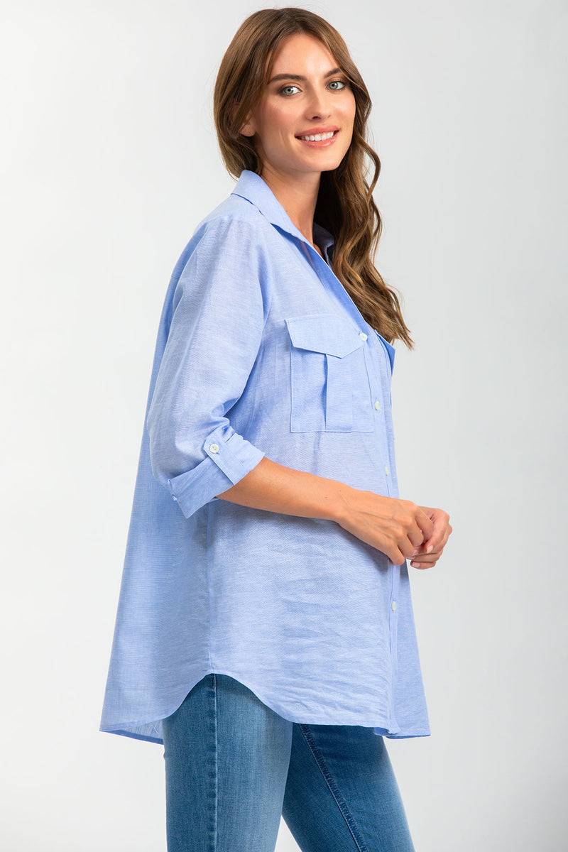 Pietro Brunelli SAFARI POCKET | Camicia Utility Premaman in Lino Blu Pezzi Unici