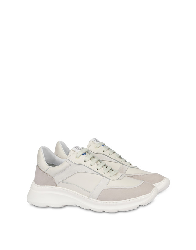 Pollini Sneakers In Vitello, Nabuk E Crosta Roomy Avorio/perla/bianco/bianco/avorio Nuova