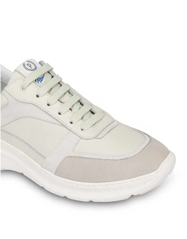 Pollini Sneakers In Vitello, Nabuk E Crosta Roomy Avorio/perla/bianco/bianco/avorio Nuova