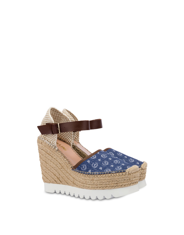 Pollini Sandali Con Zeppa Espadrillas Heritage Denim Jacquard Blu/marrone Negozi Online