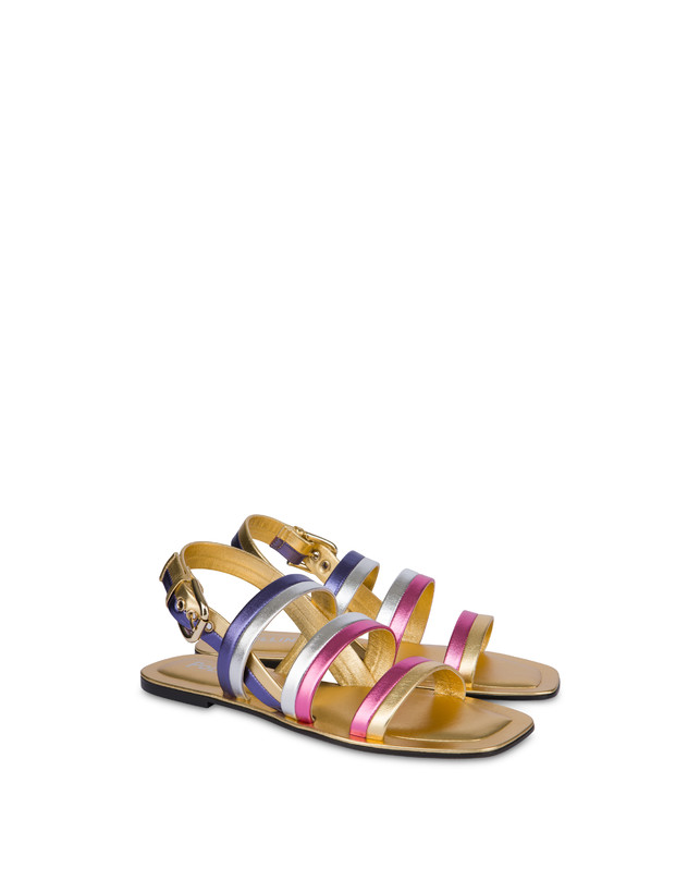 Pollini Sandali Flat In Nappa Laminata Rainbow Oro/peonia/argento/iris Consegna Veloce