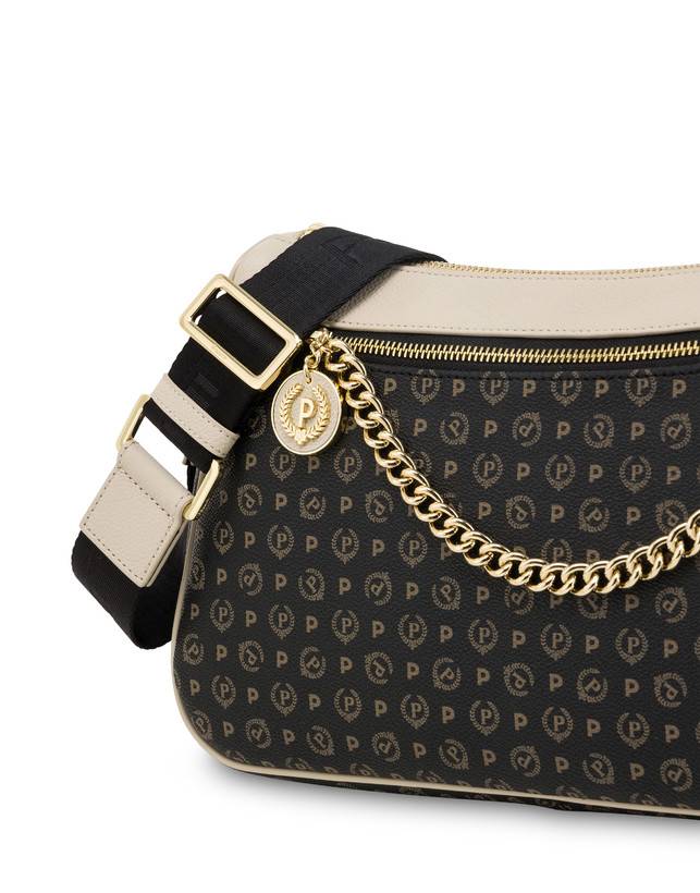 Pollini Borsa A Tracolla In Pvc Heritage Logo Classic Nero/avorio Nuova