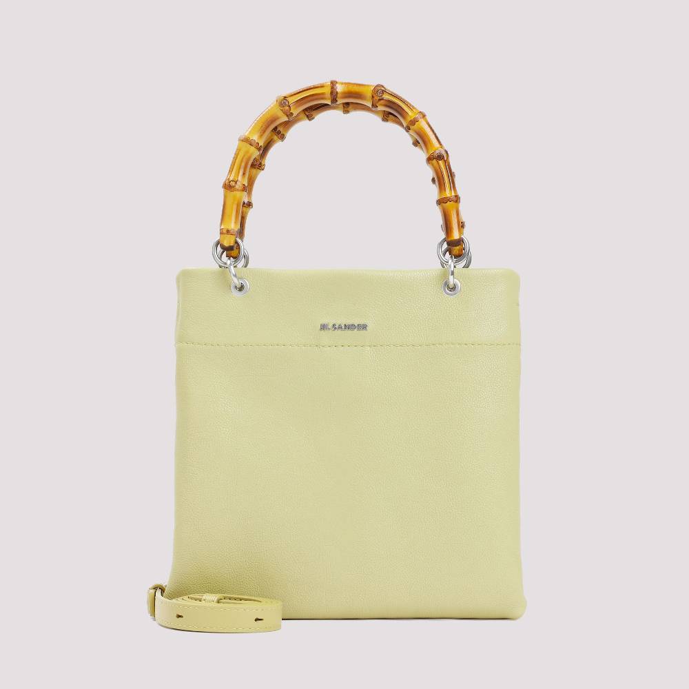 JIL SANDER  Shopper Piccola in Pelle Verde con Manico in Bamboo JIL SANDER I Più Venduti