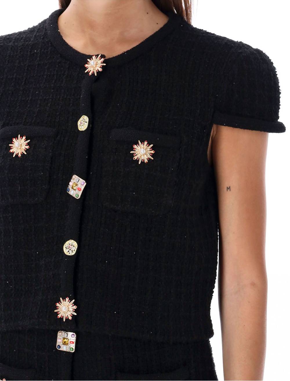 SELF PORTRAIT  Top Maglia Nero con Pulsanti Gioiello e Paillettes Self-Portrait Offerte