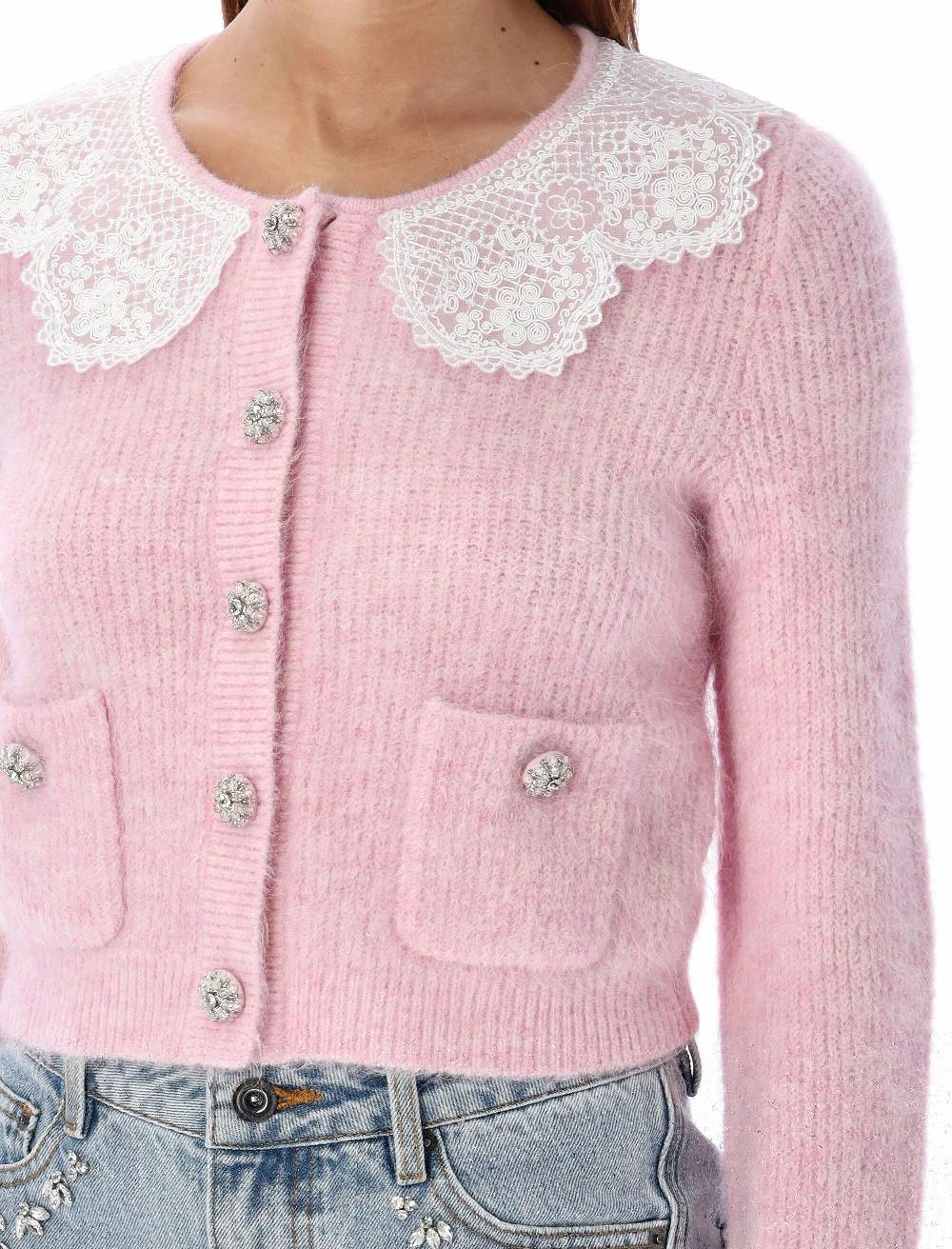 SELF PORTRAIT  Cardigan Angora Rosa con Colletto in Pizzo Self-Portrait Saldi Di Fabbrica