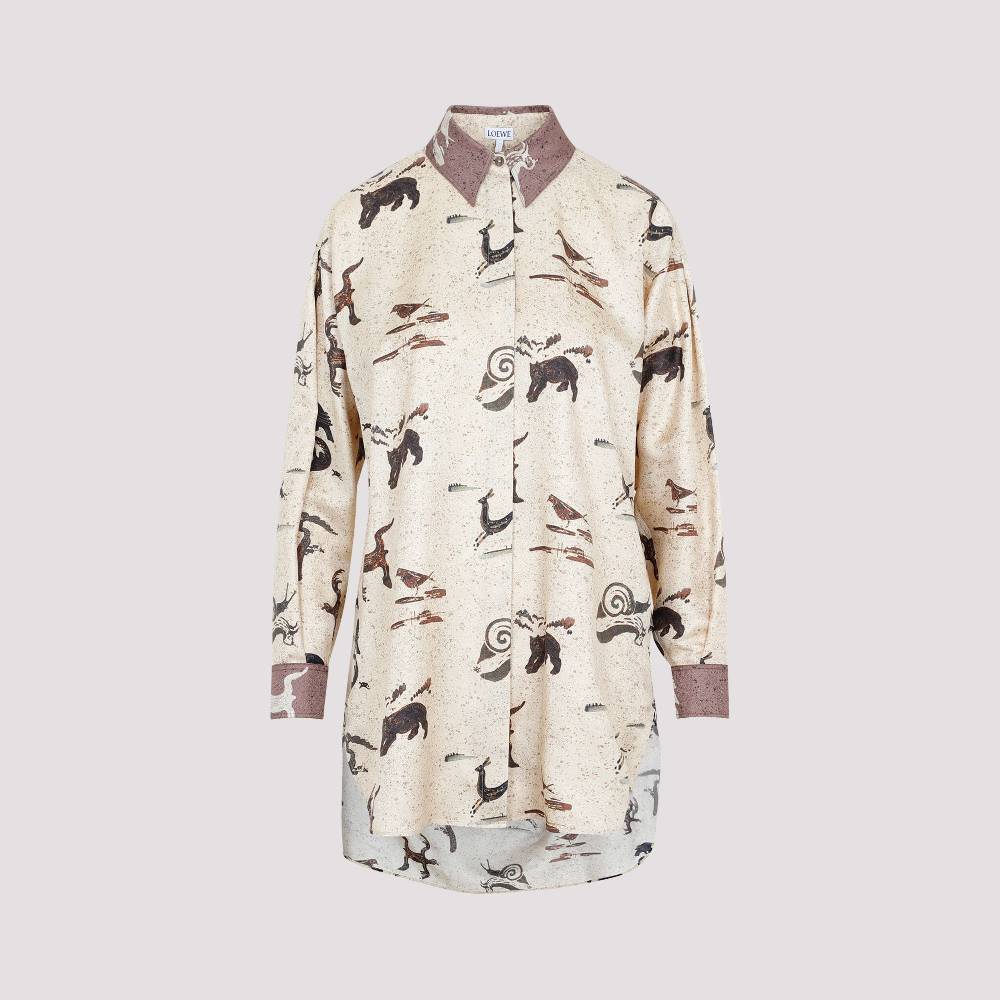 LOEWE  Camicia Oversize da Donna Loewe in Seta Beige con Stampa Animalier Presa