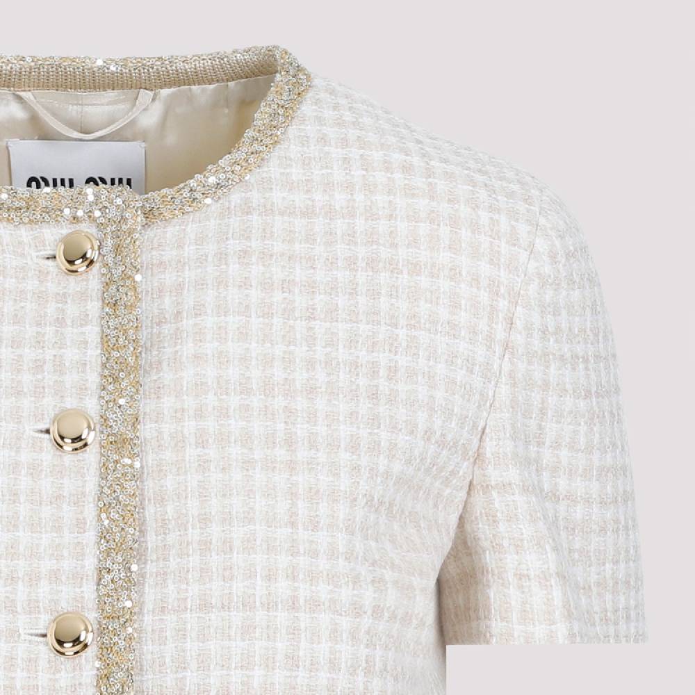 MIU MIU  Giacca in Lana Vergine Pied de Poule Avorio MIU MIU con Bordo di Paillettes In Linea