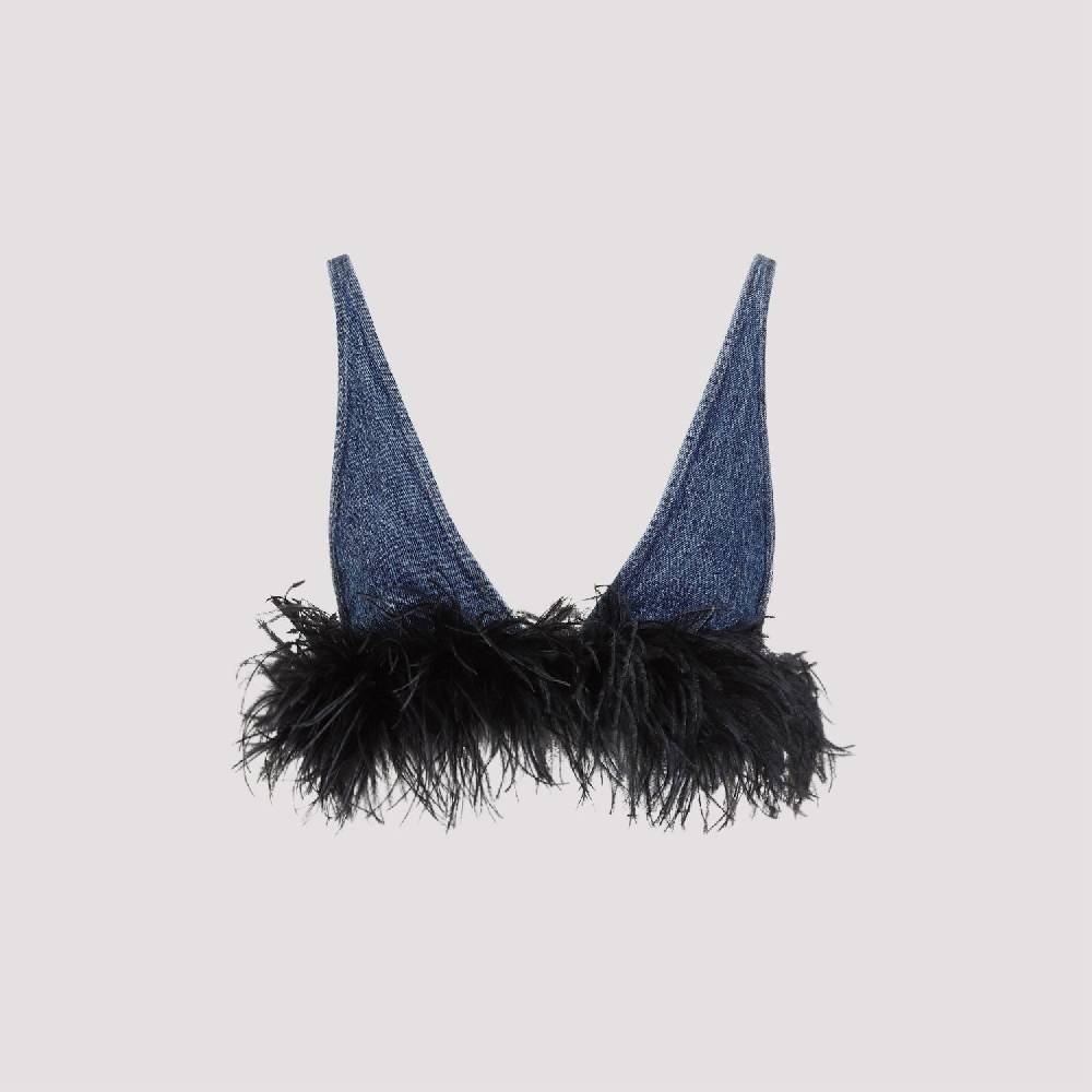 MIU MIU  Top di Cotone Blu con Piume Miu Miu Promozione