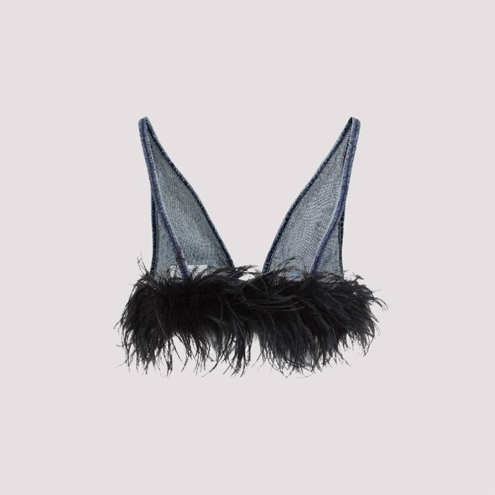 MIU MIU  Top di Cotone Blu con Piume Miu Miu Promozione