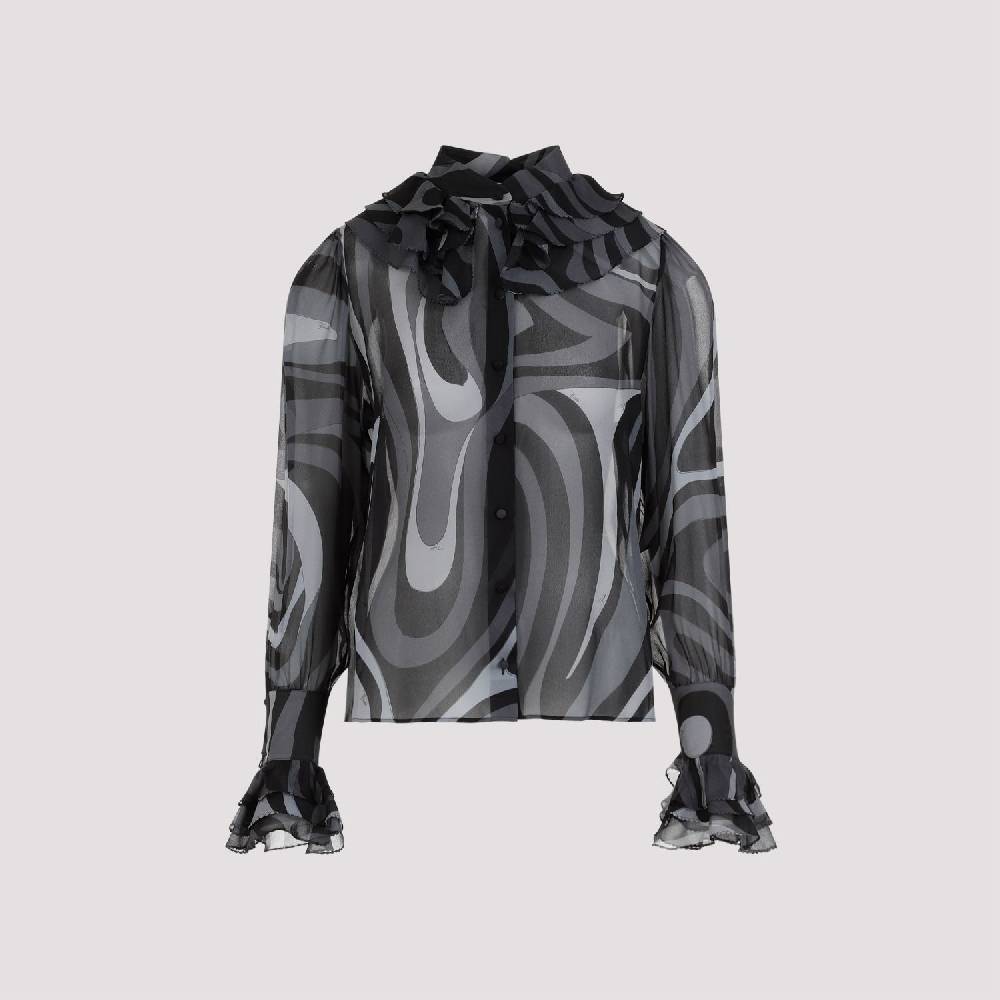 PUCCI  Camicia di Seta Nera Ruches PUCCI - Eleganza Femminile con Fantasia Ondulata Saldi Di Fabbrica