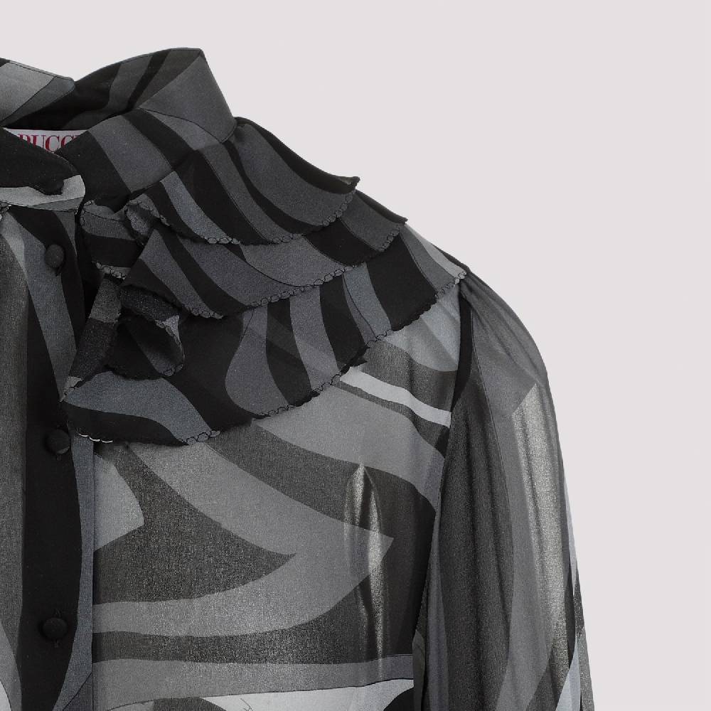 PUCCI  Camicia di Seta Nera Ruches PUCCI - Eleganza Femminile con Fantasia Ondulata Saldi Di Fabbrica