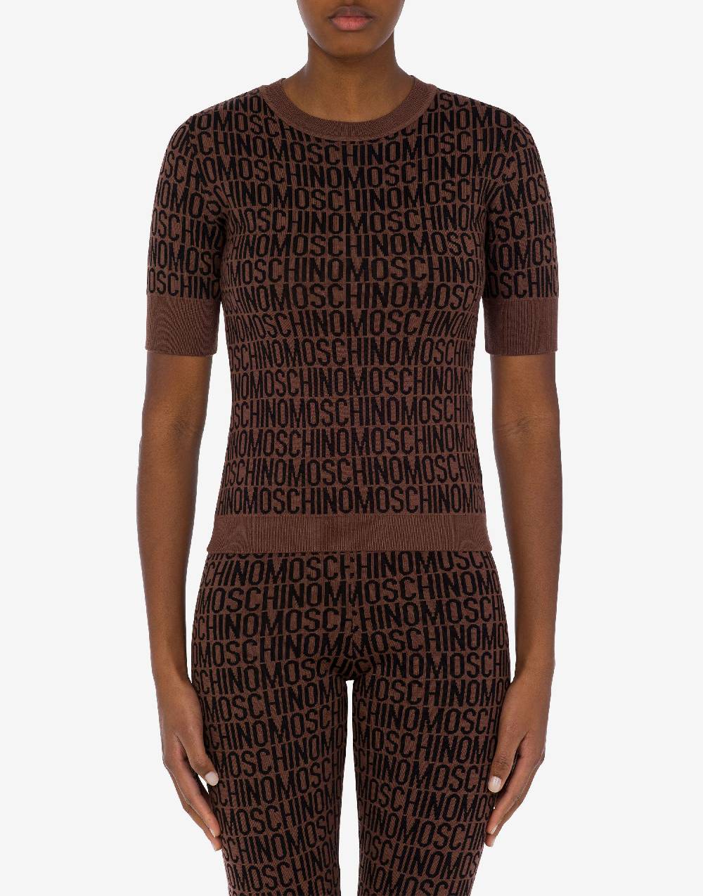Love Moschino Top in lana Allover Logo Saldi Di Fabbrica