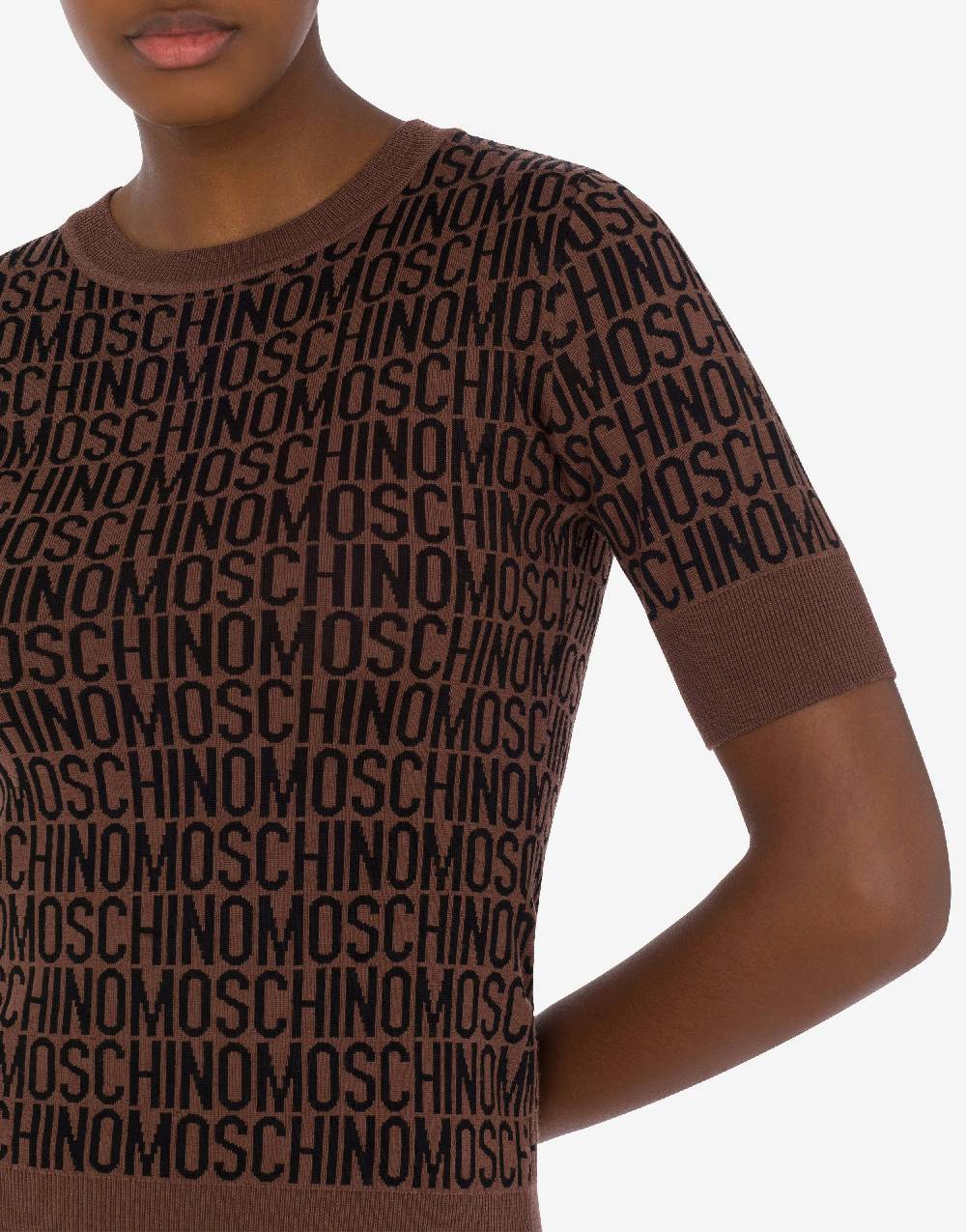 Love Moschino Top in lana Allover Logo Saldi Di Fabbrica