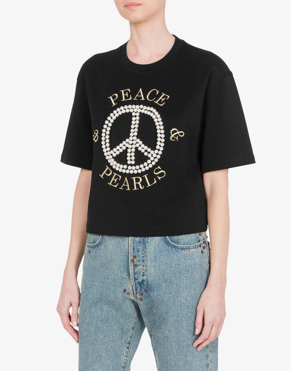 Love Moschino T-shirt in interlock di cotone Peace & Pearls Acquista Ora