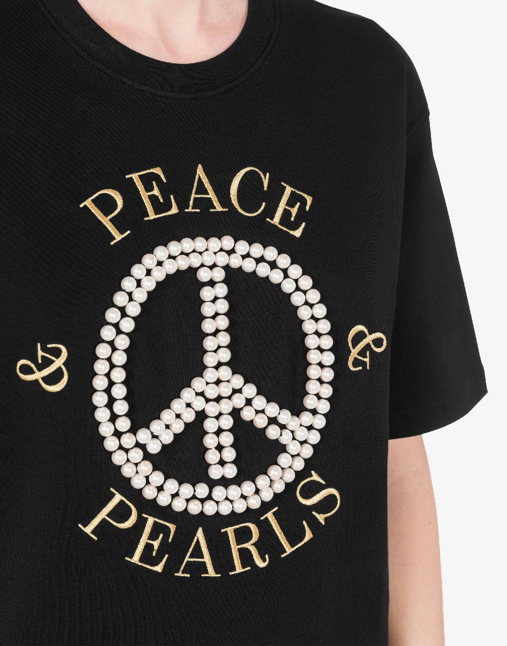 Love Moschino T-shirt in interlock di cotone Peace & Pearls Acquista Ora