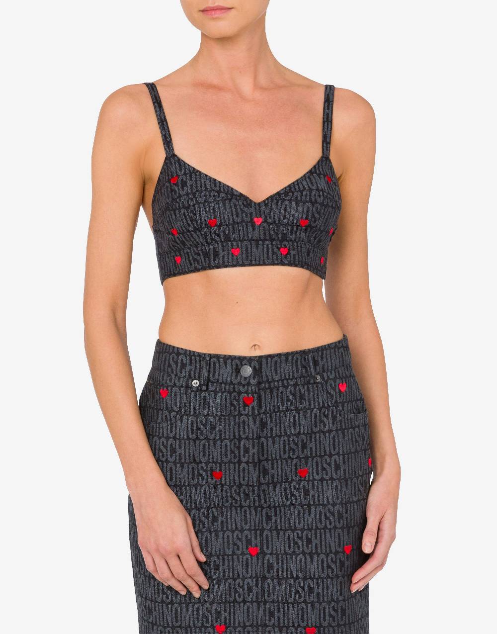 Love Moschino Crop top in denim con cuori Allover Logo Negozi Online