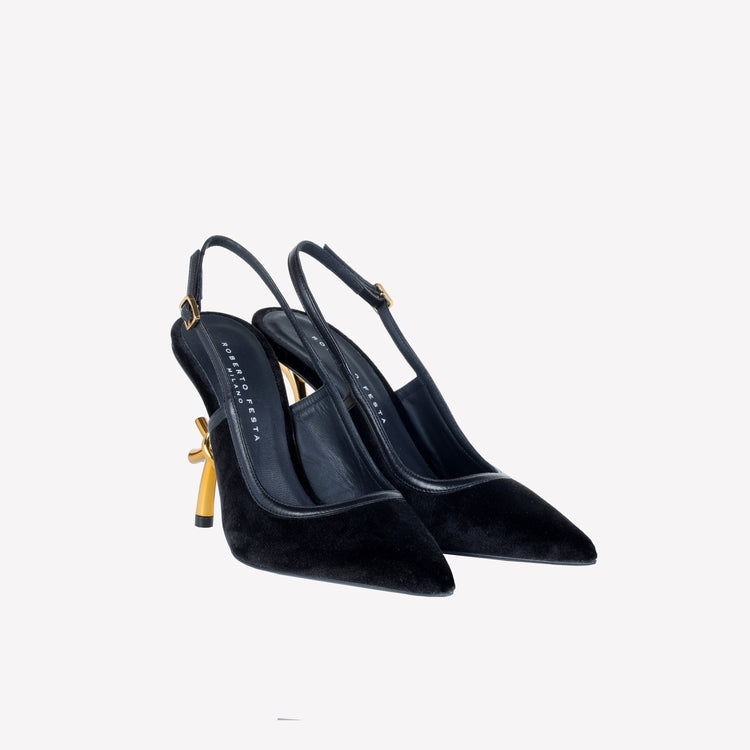 Roberto Festa SLINGBACK IN VELLUTO CON TACCO SCULTURA LOGO SANDY Vendita Calda