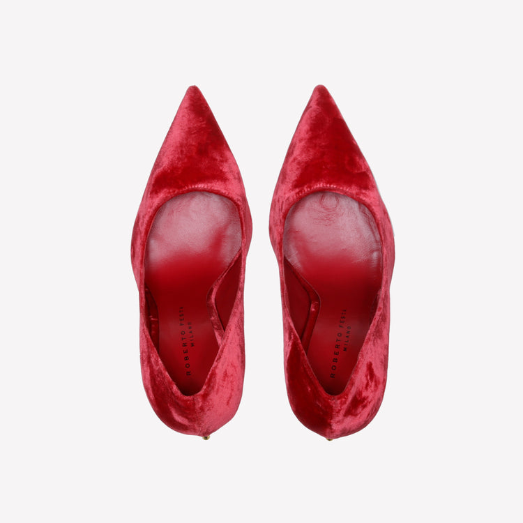 Roberto Festa DECOLLETE’ IN VELLUTO ROSSO CON TACCO SCULTURA LOGO DEAR Saldi Di Fabbrica