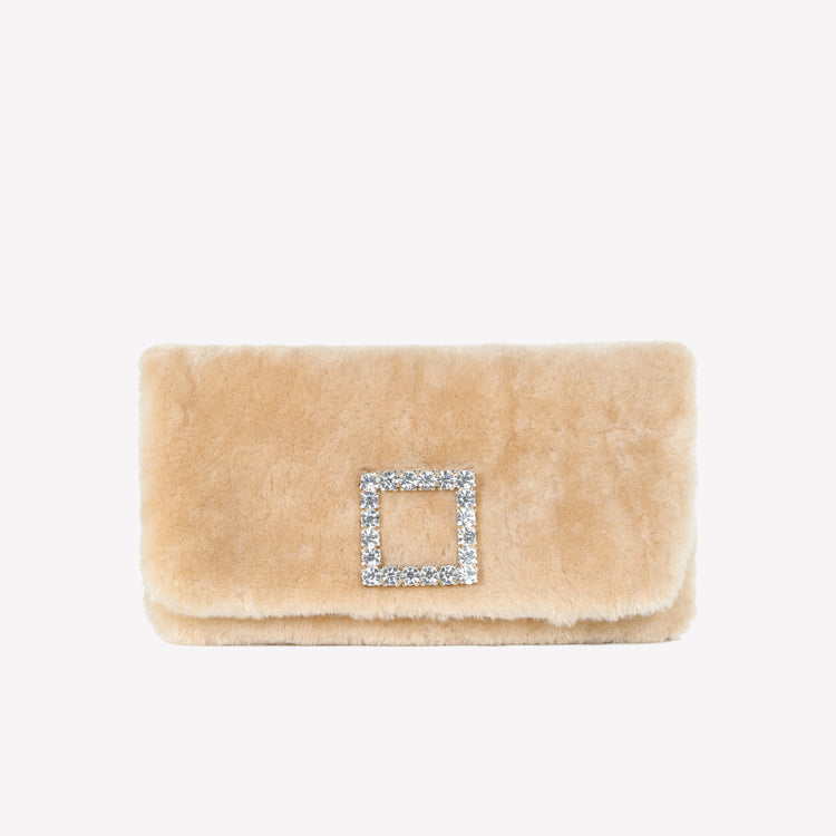 Roberto Festa BORSA CLUTCH IN MONTONE EFFETTO VISONE MIELE CON FIBBIA QUADRA COLOR GOLD CON CRISTALLI CAPRILUX Vendita