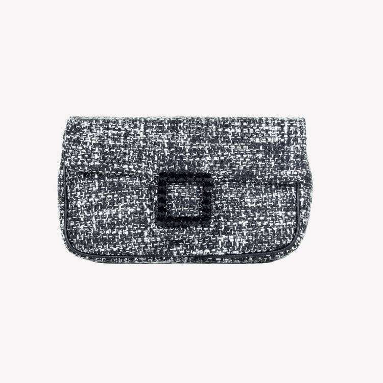 Roberto Festa BORSA A SPALLA IN TESSUTO CHICCO DI RISO BIANCO NERO CON ACCESSORIO FIBBIA QUADRA CON CRISTALLI LUNETTE Spedizione Gratuita