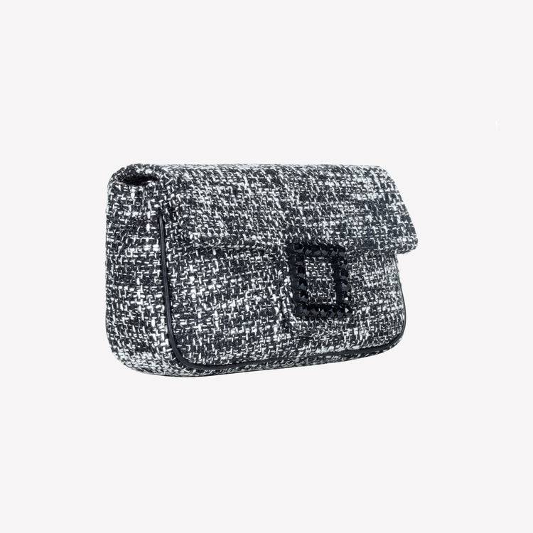 Roberto Festa BORSA A SPALLA IN TESSUTO CHICCO DI RISO BIANCO NERO CON ACCESSORIO FIBBIA QUADRA CON CRISTALLI LUNETTE Spedizione Gratuita
