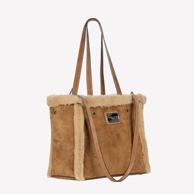 Roberto Festa BORSA SHOPPING IN CAMOSCIO LIGHT BRUCIATO CON RIPORTI IN MONTONE MIELE RAISSA Shopping Online