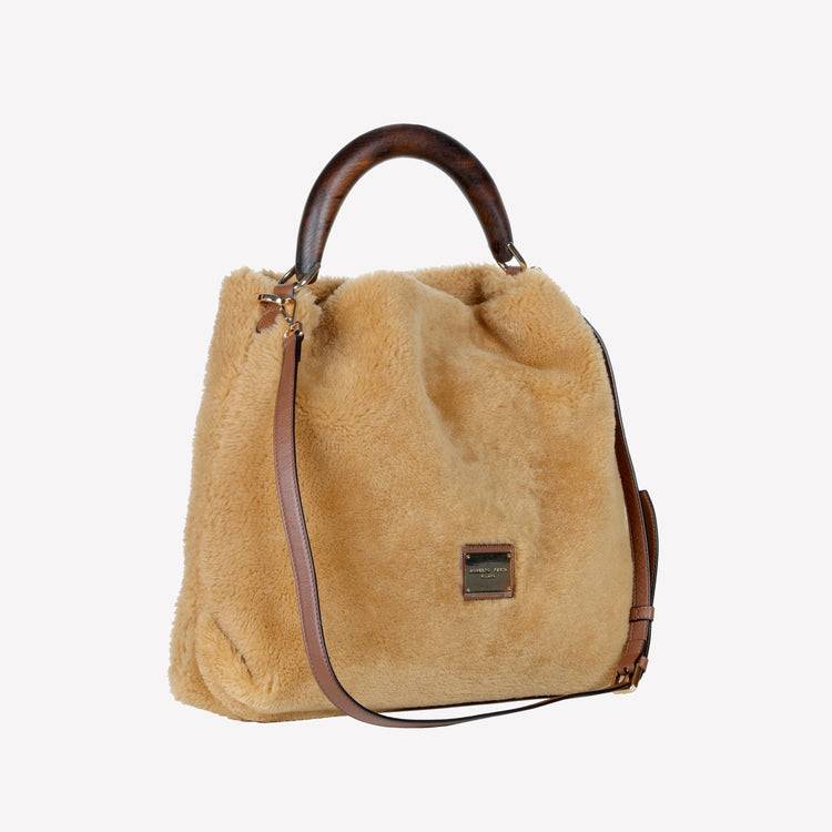 Roberto Festa BORSA A SPALLA IN MONTONE COLOR TEDDY CON MANICO IN LEGNO NOCE BIANCA Prezzo Ridotto