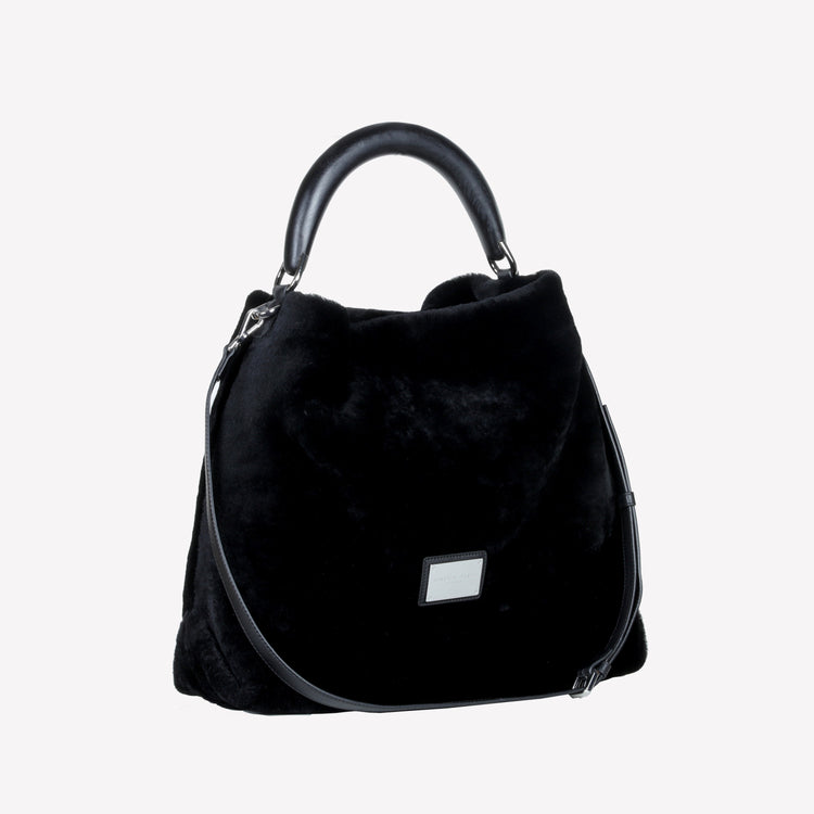 Roberto Festa BORSA A SPALLA IN MONTONE EFFETTO VISONE COLOR NERO CON MANICO IN LEGNO NERO BIANCA Sottocosto
