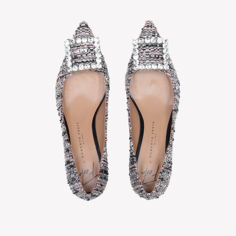 Roberto Festa DECOLLETE’ IN TESSUTO MULTICOLORE CON FIBBIA QUADRA STRASS EVILLY Sconto
