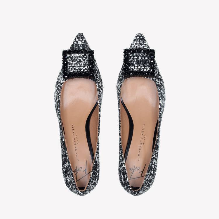 Roberto Festa DECOLLETE’ IN TESSUTO TWEED CON FIBBIA QUADRA CRISTALLI EVILLY Offerta