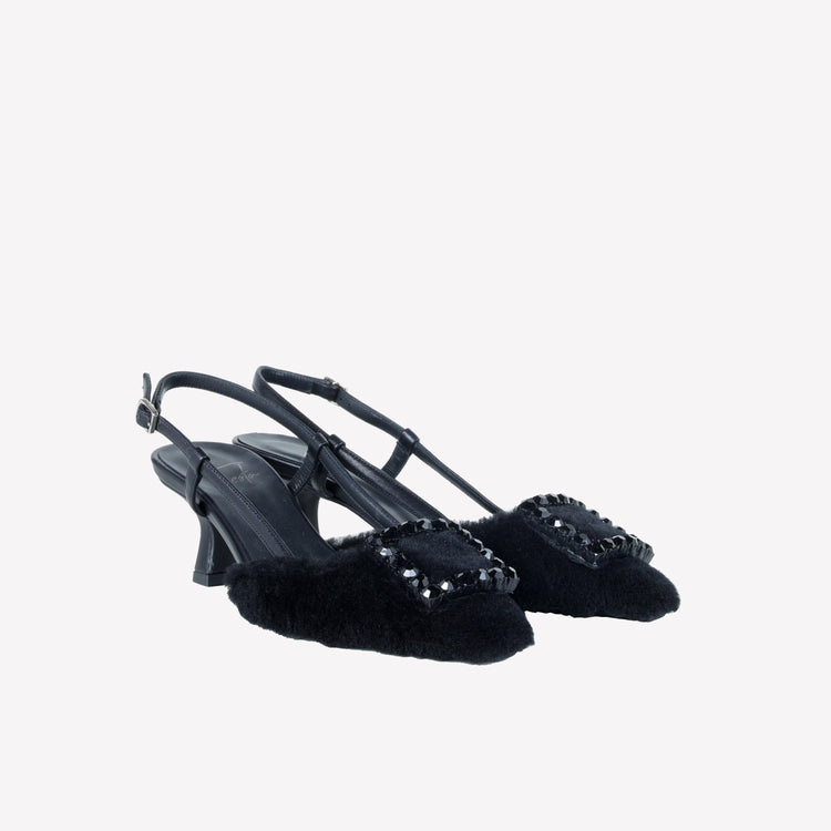 Roberto Festa SLINGBACK IN VISONE NERO CON FIBBIA QUADRA CON CRISTALLI STEFI In Linea