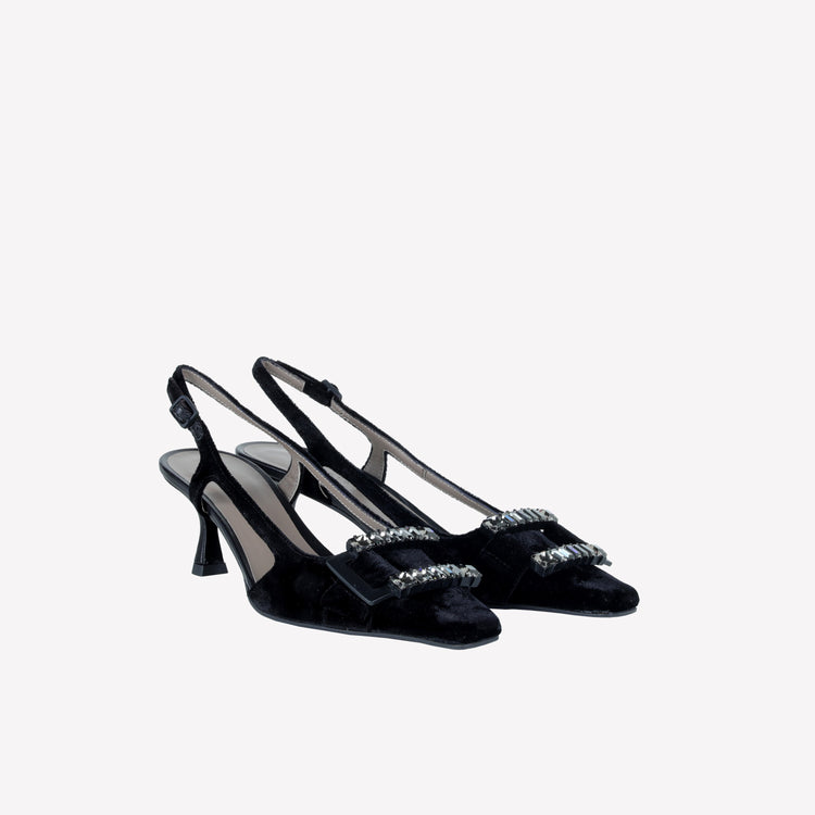 Roberto Festa SLINGBACK IN VELLUTO CON FIBBIA CRISTALLI BAGUETTE ATENA Vendita Calda