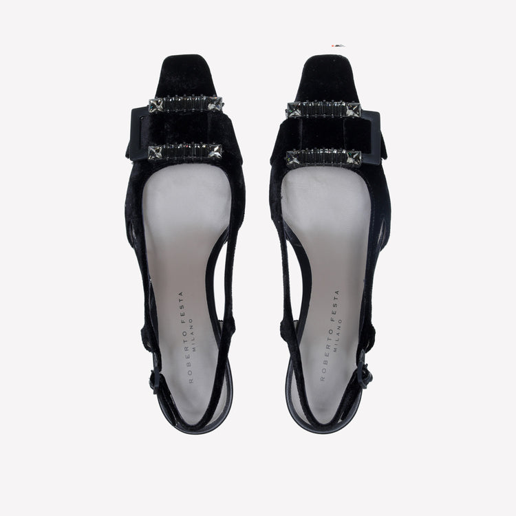 Roberto Festa SLINGBACK IN VELLUTO CON FIBBIA CRISTALLI BAGUETTE ATENA Vendita Calda
