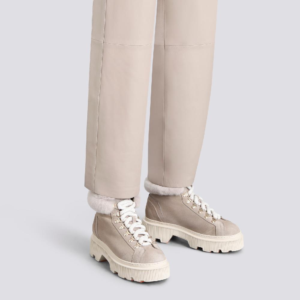 Santoni Scarponcino da montagna con pelliccia da donna in suede tortora Sottocosto