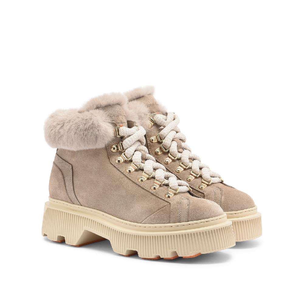 Santoni Scarponcino da montagna con pelliccia da donna in suede tortora Sottocosto