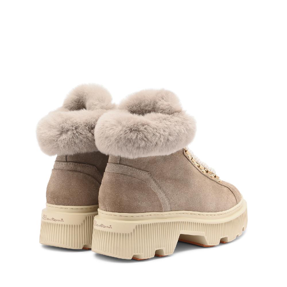 Santoni Scarponcino da montagna con pelliccia da donna in suede tortora Sottocosto