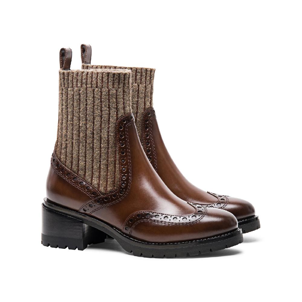 Santoni Stivaletto tacco basso brogue con calzino da donna in pelle marrone Sottocosto