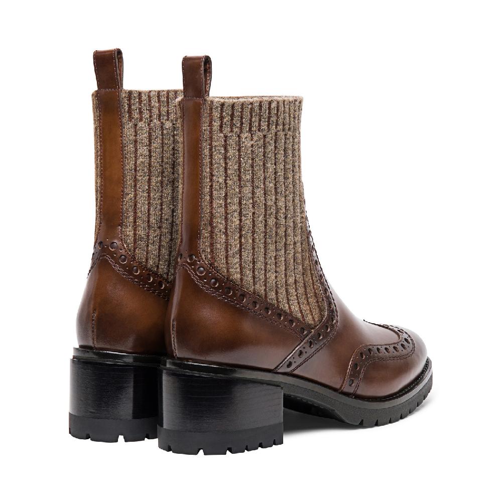 Santoni Stivaletto tacco basso brogue con calzino da donna in pelle marrone Sottocosto