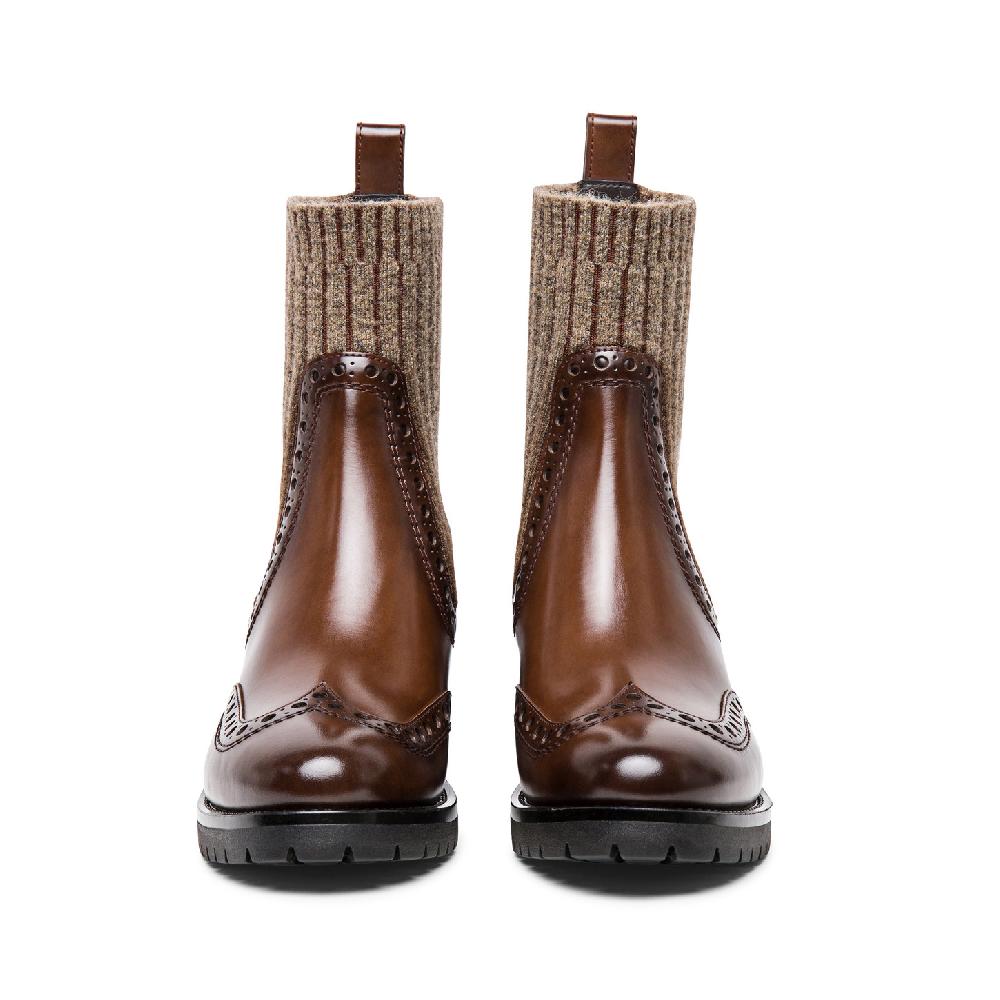Santoni Stivaletto tacco basso brogue con calzino da donna in pelle marrone Sottocosto